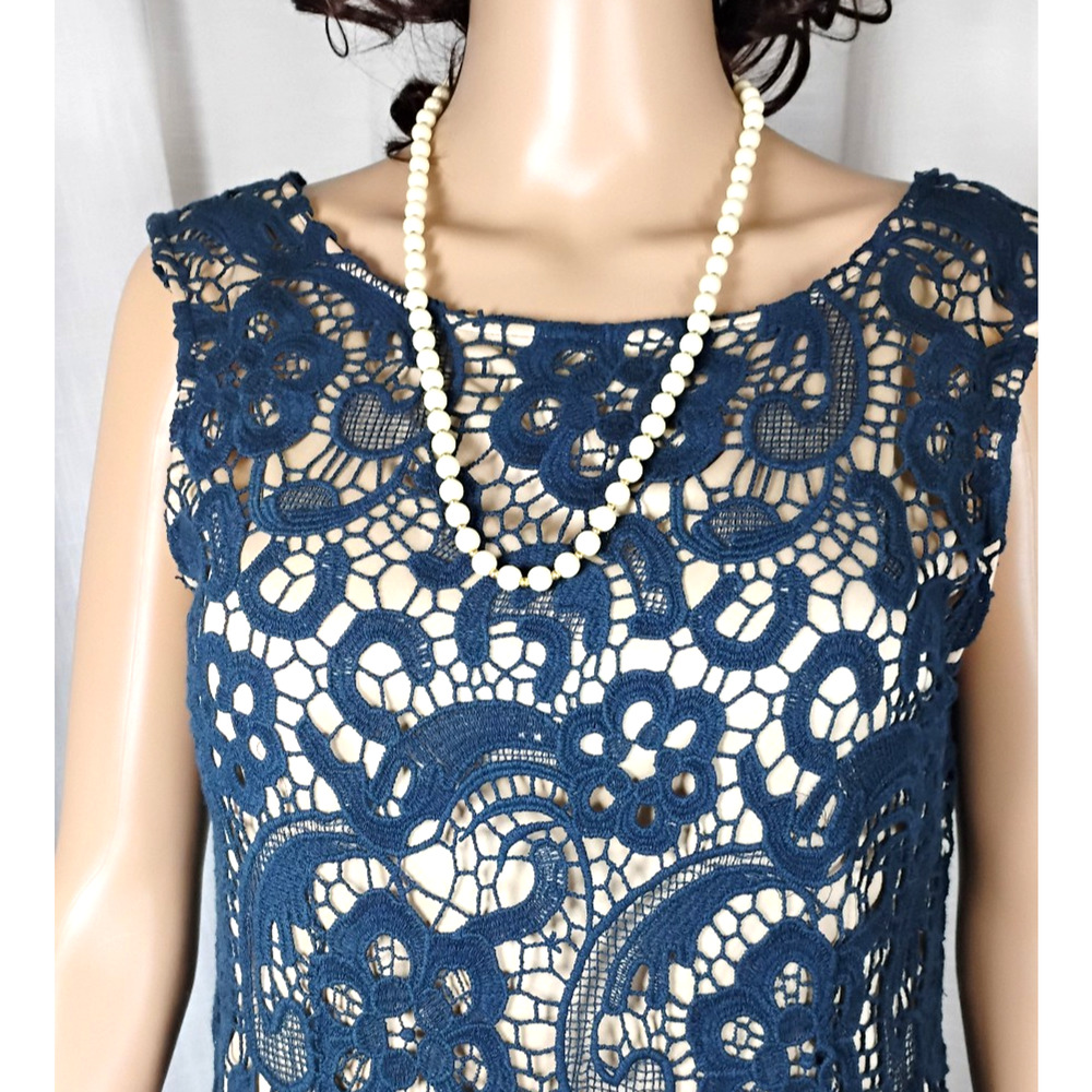 Crochet Lace Sheath Dress Midi Sleeveless V Back Nude Lining Cocktail Wedding - Picture 7 of 16